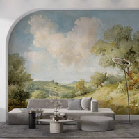 Hillside wall mural with olive-toned trees and warm natural texture