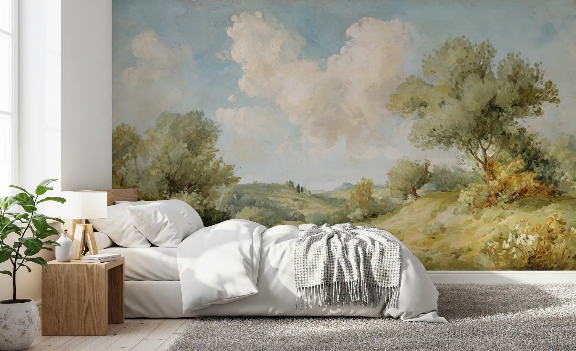 Bedroom using Timeless Hills: A Painted Vista Wall Mural softly