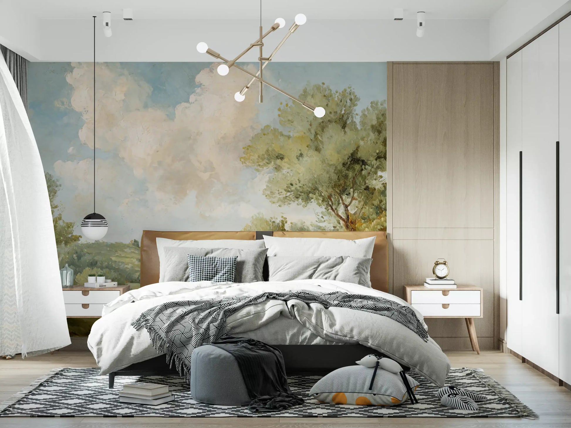 Bedroom featuring Timeless Hills Wall Mural and airy countryside depth
