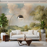 Office room with Painted Vista artwork, olive trees, and pale sky tones