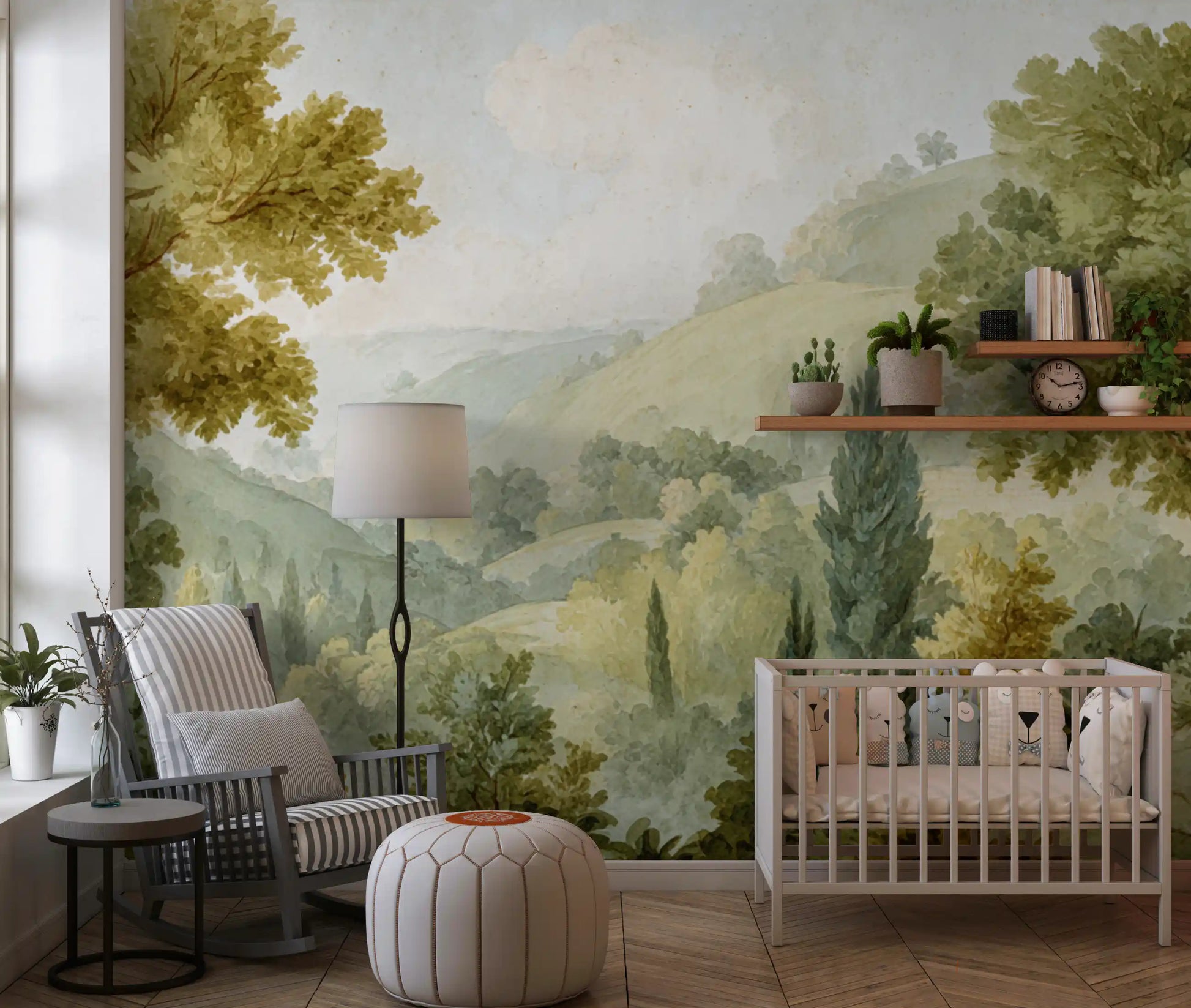Kids room with Serene Valley Vista Wall Mural and rolling hill scenery