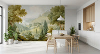 Valley landscape mural showing soft clouds, layered foliage, and hills