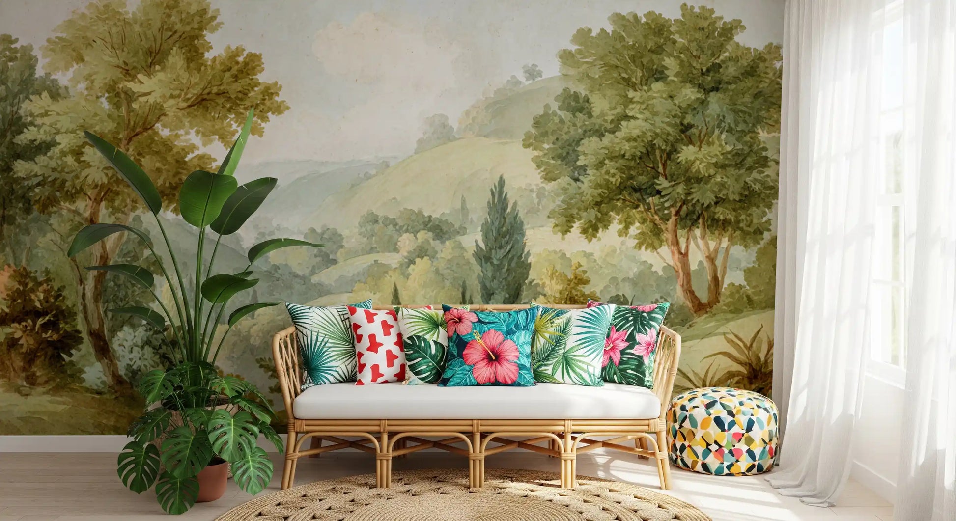 Serene Valley Vista Wall Mural with leafy trees and distant green hills