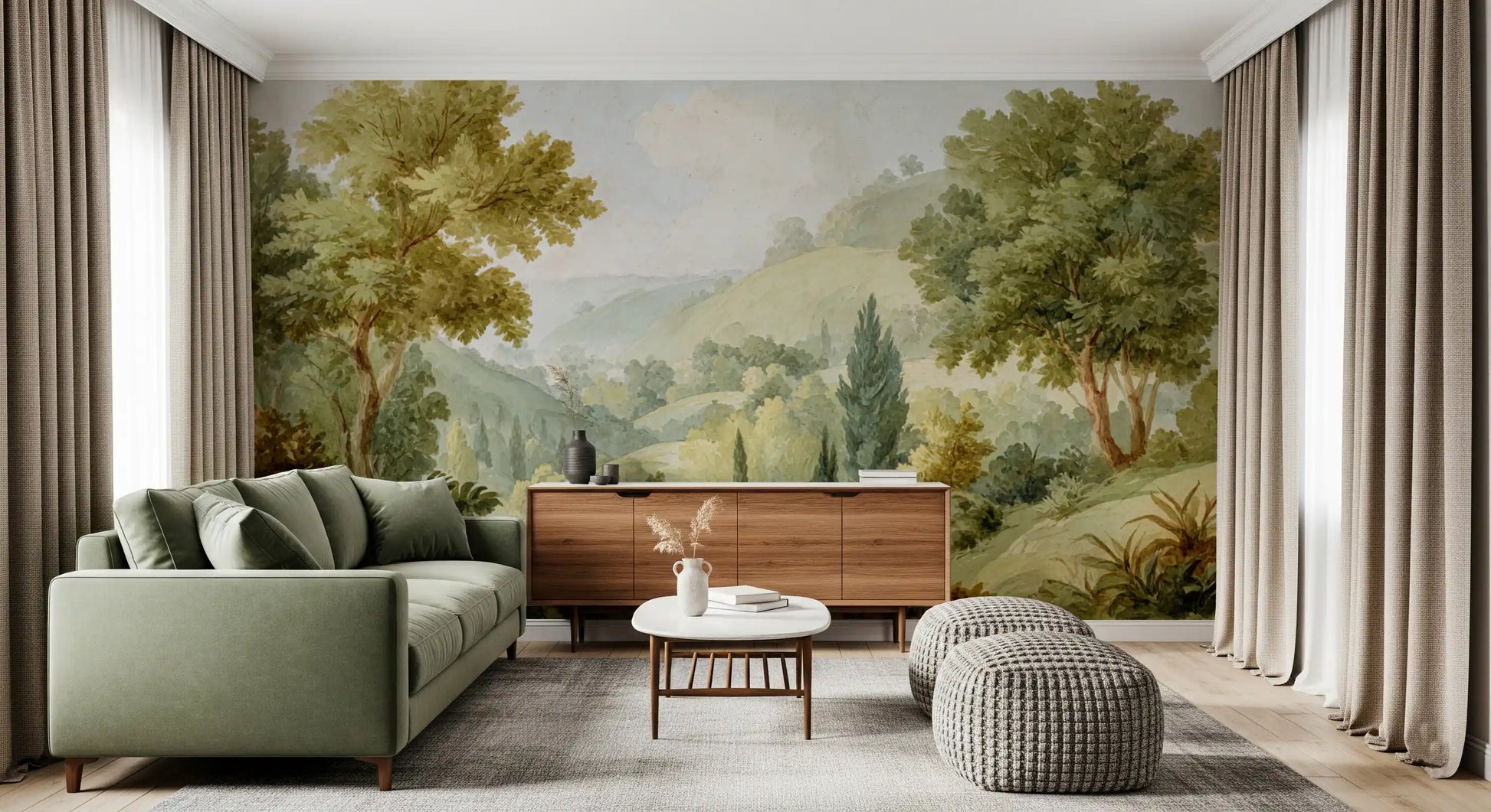 Green wall mural featuring hillside scenery and calm outdoor detail