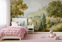 Bedroom wall showing valley vista mural with leafy trees and pale sky