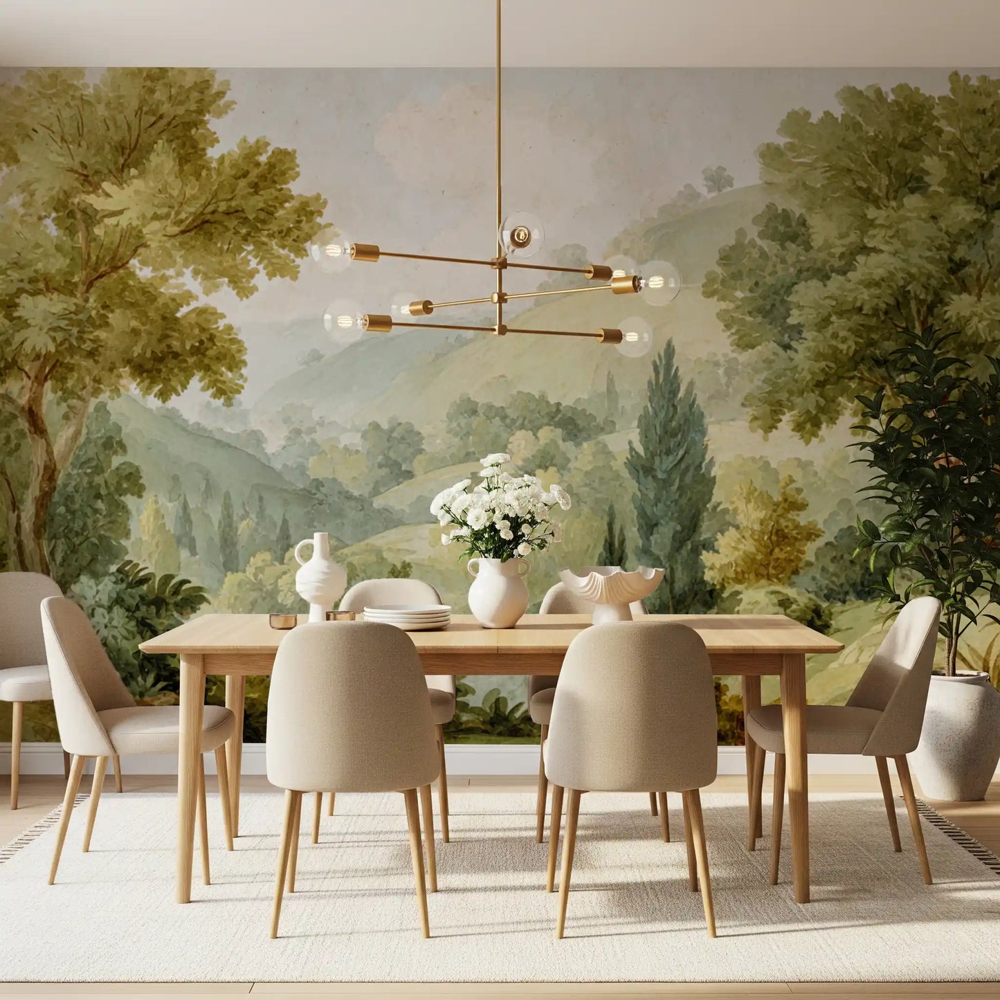 Dining room featuring green valley wall mural with layered countryside depth