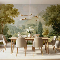Dining room featuring green valley wall mural with layered countryside depth