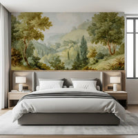 Tree valley mural with warm greenery and peaceful countryside movement
