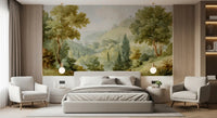 Bedroom using nature vista mural with trees, shrubs, and soft slopes