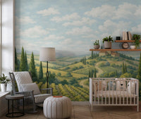 Kids room wall showing Tuscan vineyard mural with cypress trees and soft hills