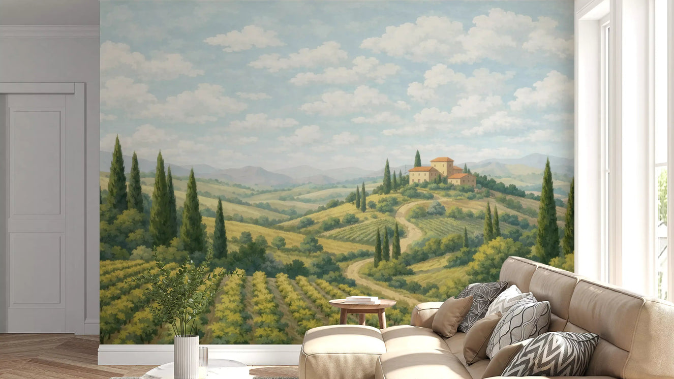 Living room wall mural with Tuscan Vineyard Vista and rolling countryside