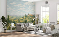 Vineyard wall mural showing rows of vines, hills, and soft cloud detail