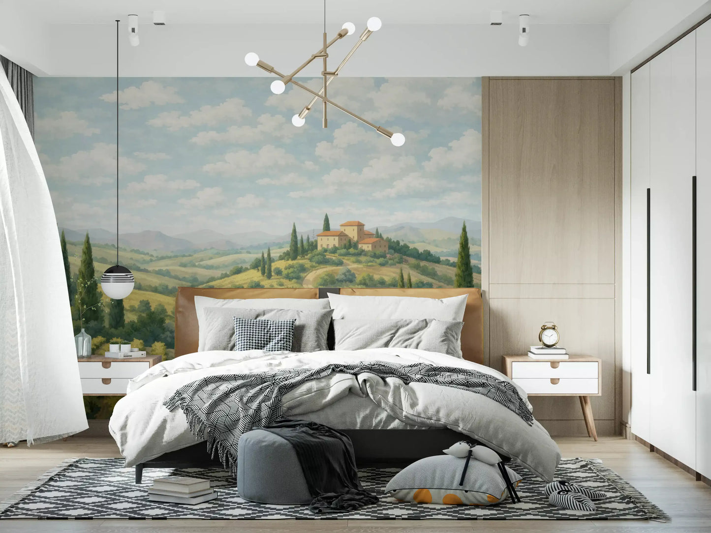 Countryside wall mural featuring vineyard rows and distant mountain forms