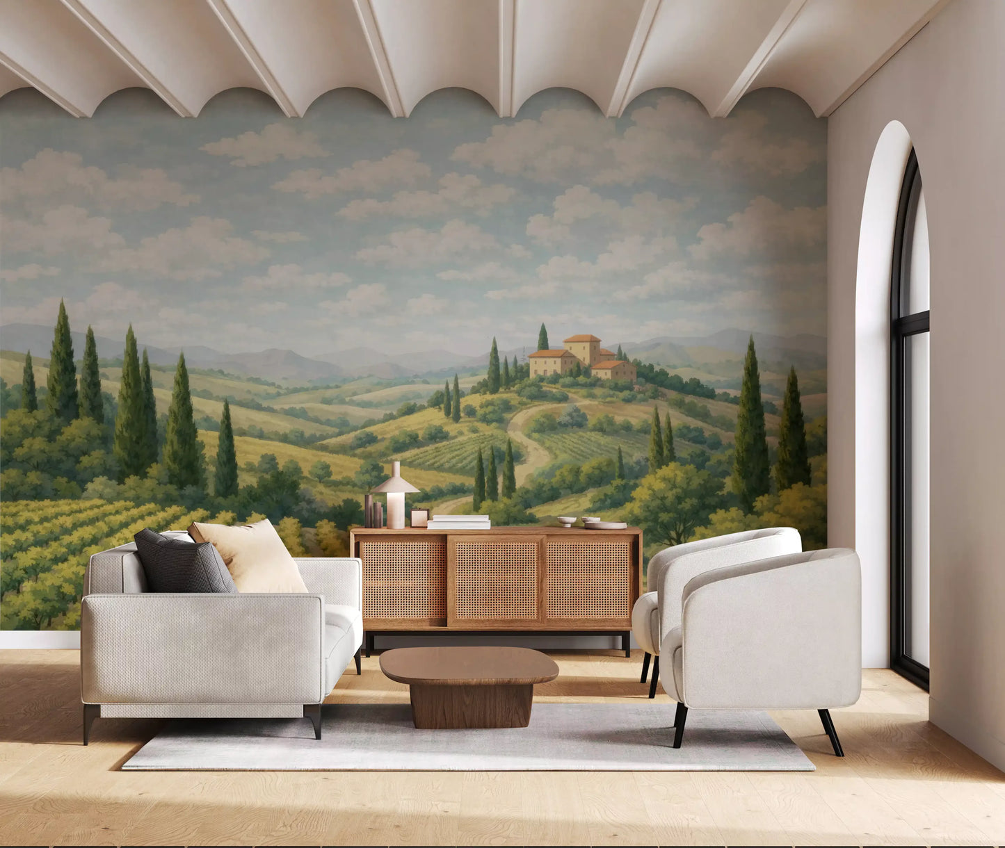 Tuscan landscape mural with a villa, winding road, and countryside depth