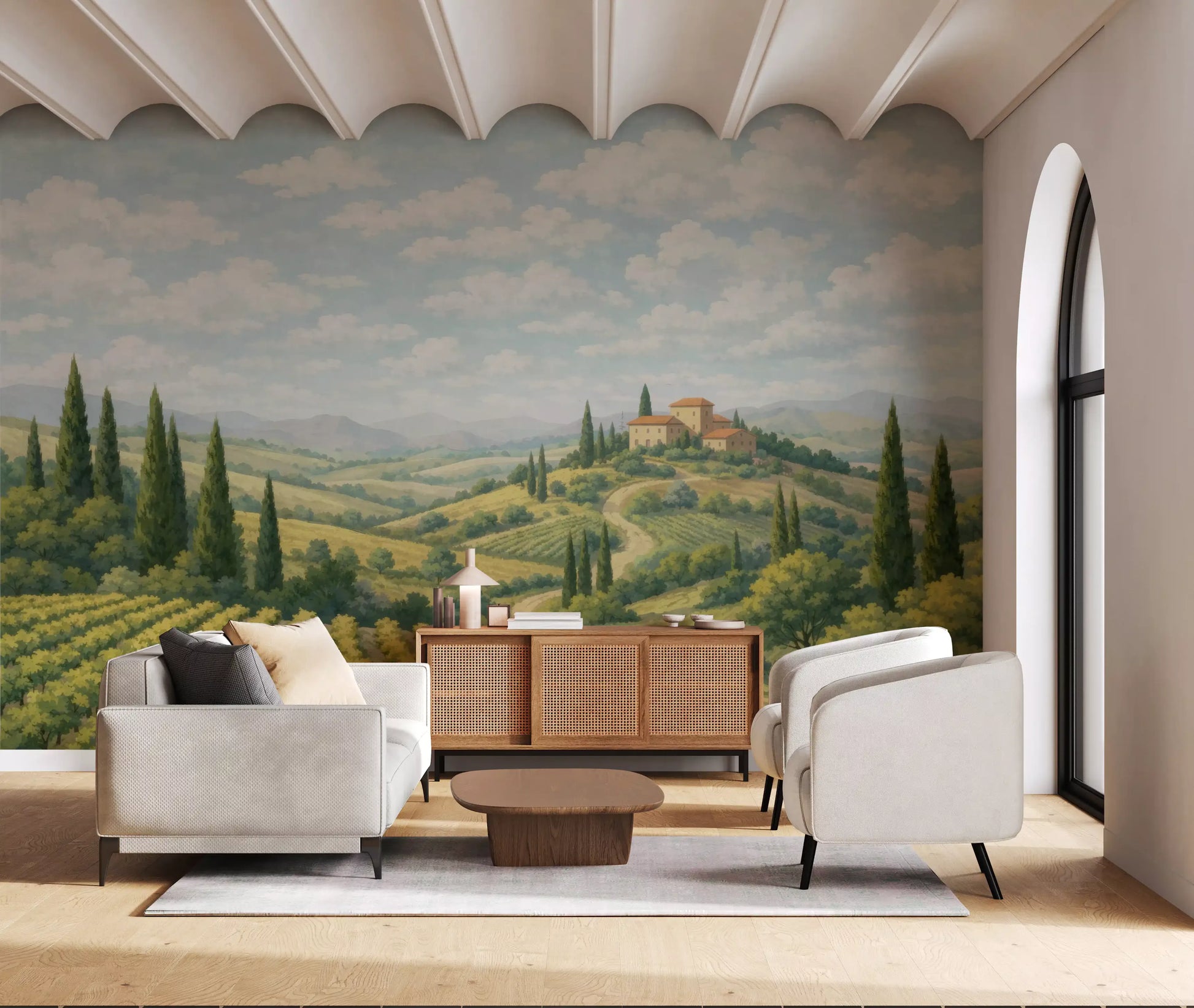 Tuscan landscape mural with a villa, winding road, and countryside depth