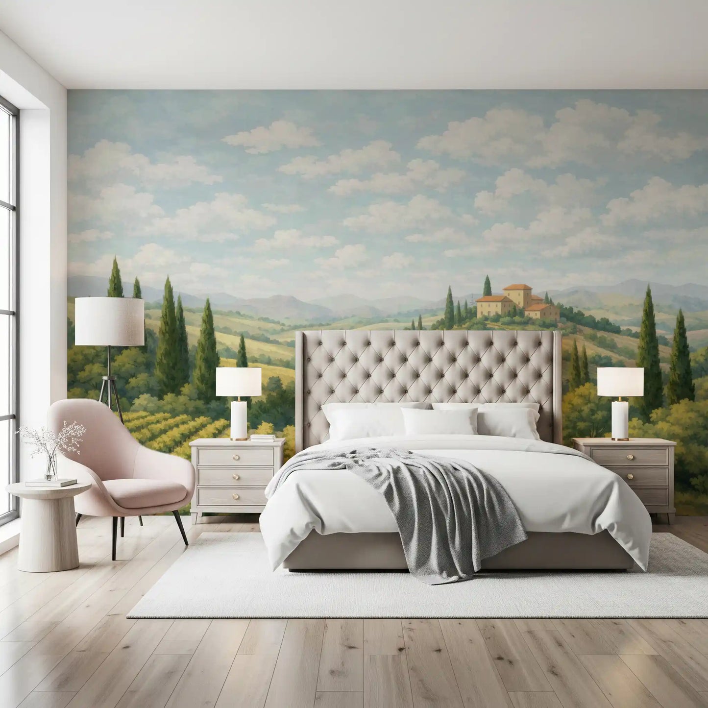 Bedroom using Italian landscape mural with vineyards and pale blue sky
