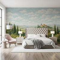Bedroom using Italian landscape mural with vineyards and pale blue sky