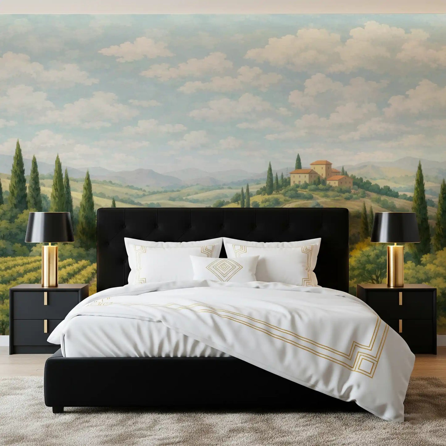 Tuscan Vineyard Vista Wall Mural with cypress trees and layered green fields