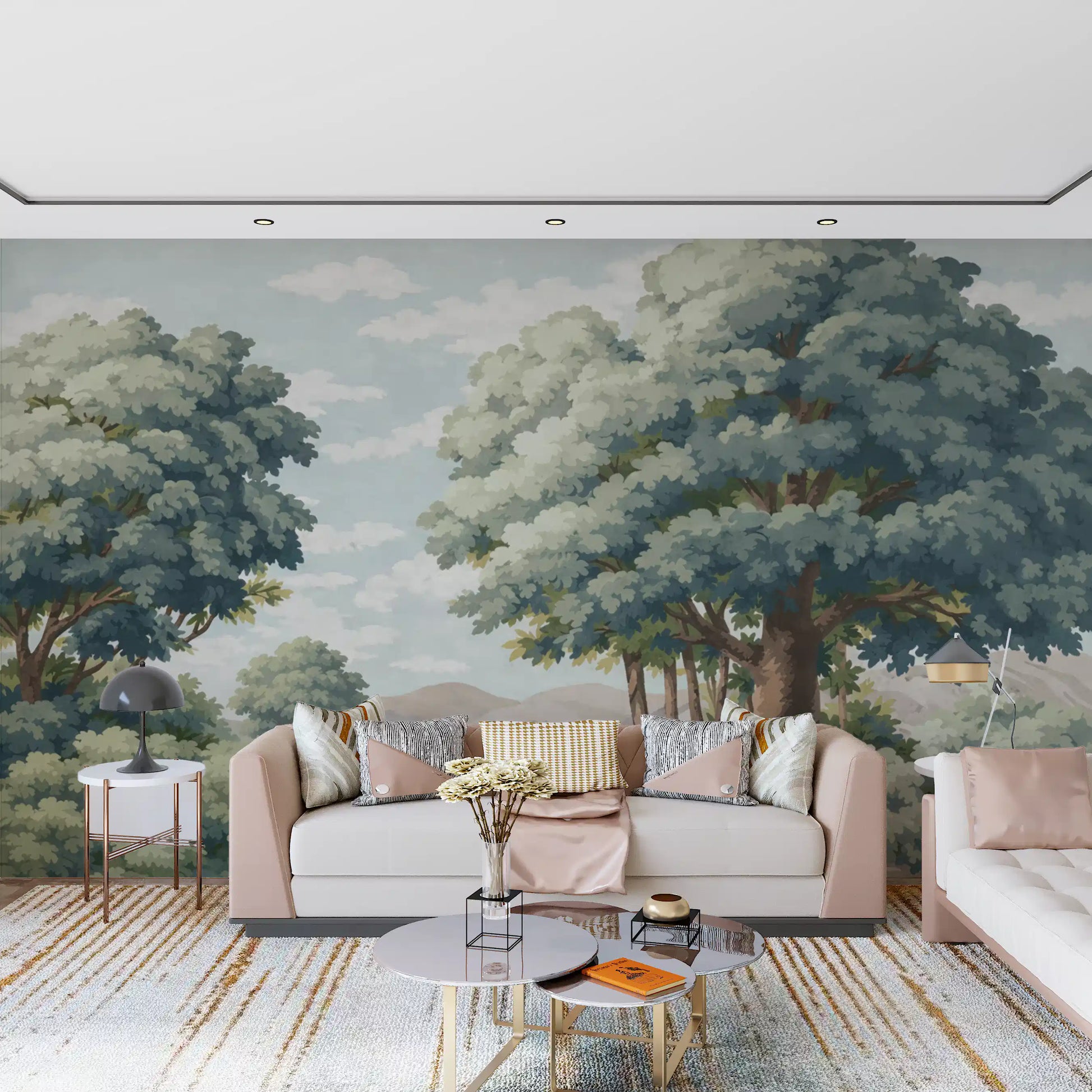 Tree lake mural with shaded shrubs, open water, and gentle scenic balance
