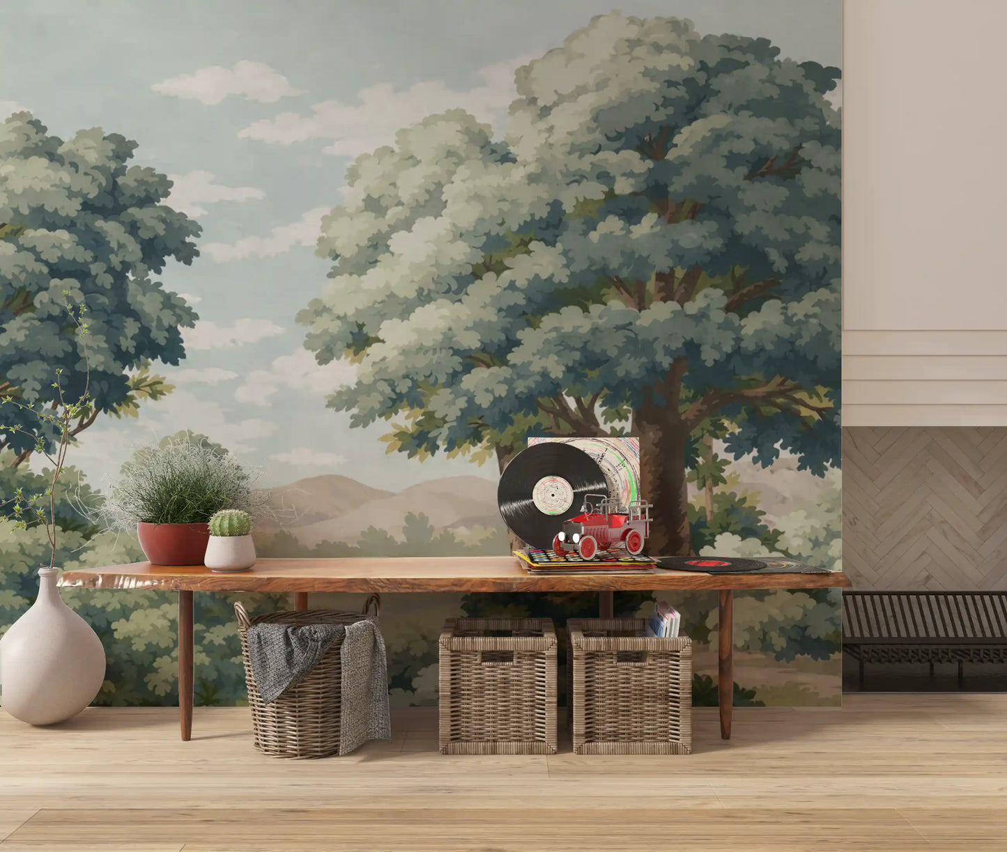 Verdant Horizon Lake Wall Mural with rounded trees and quiet water depth