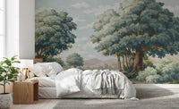 Bedroom wall showing verdant lake mural with calm water and pale sky