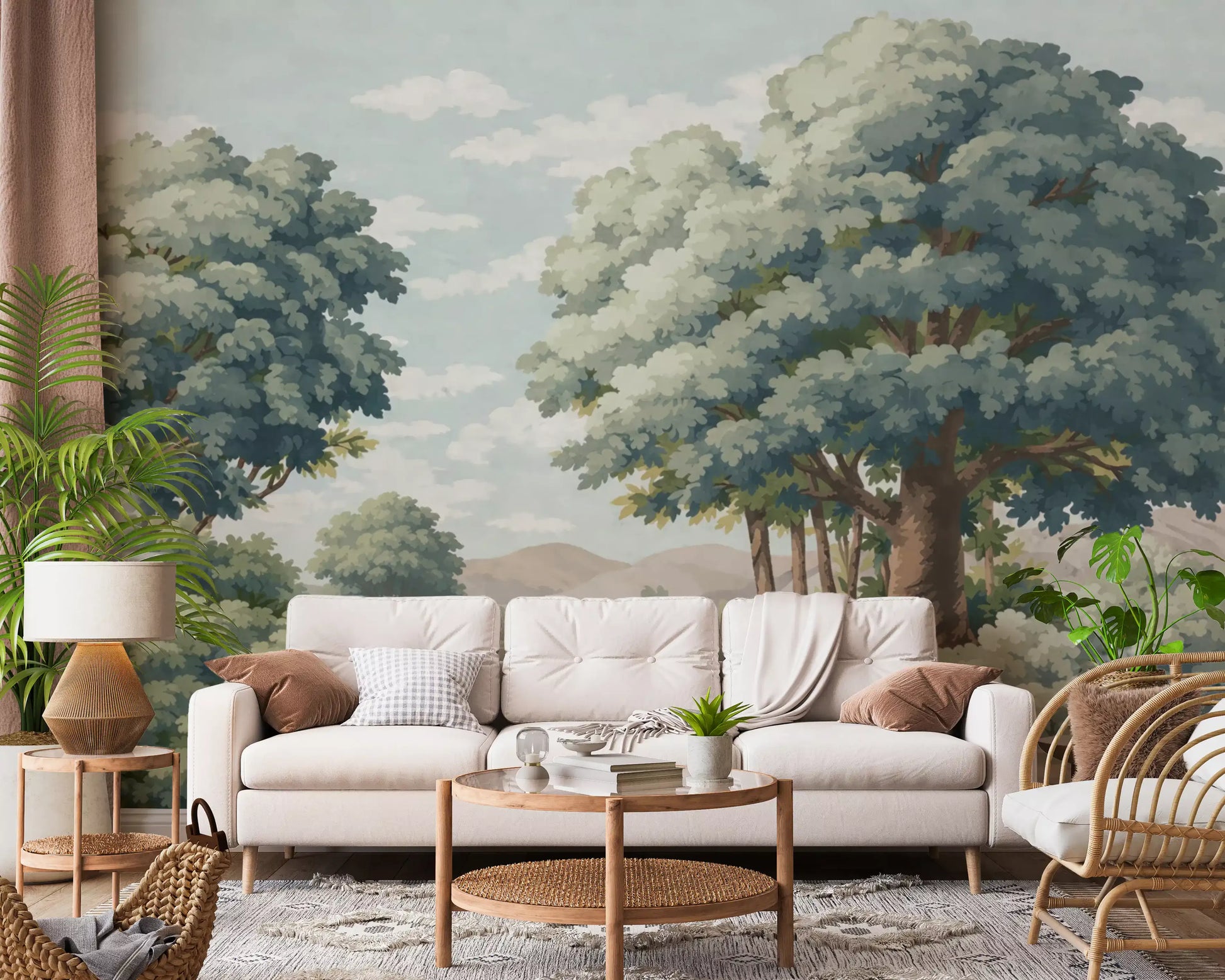 Nature lake mural with blue-green water and softly layered foliage