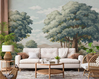 Nature lake mural with blue-green water and softly layered foliage