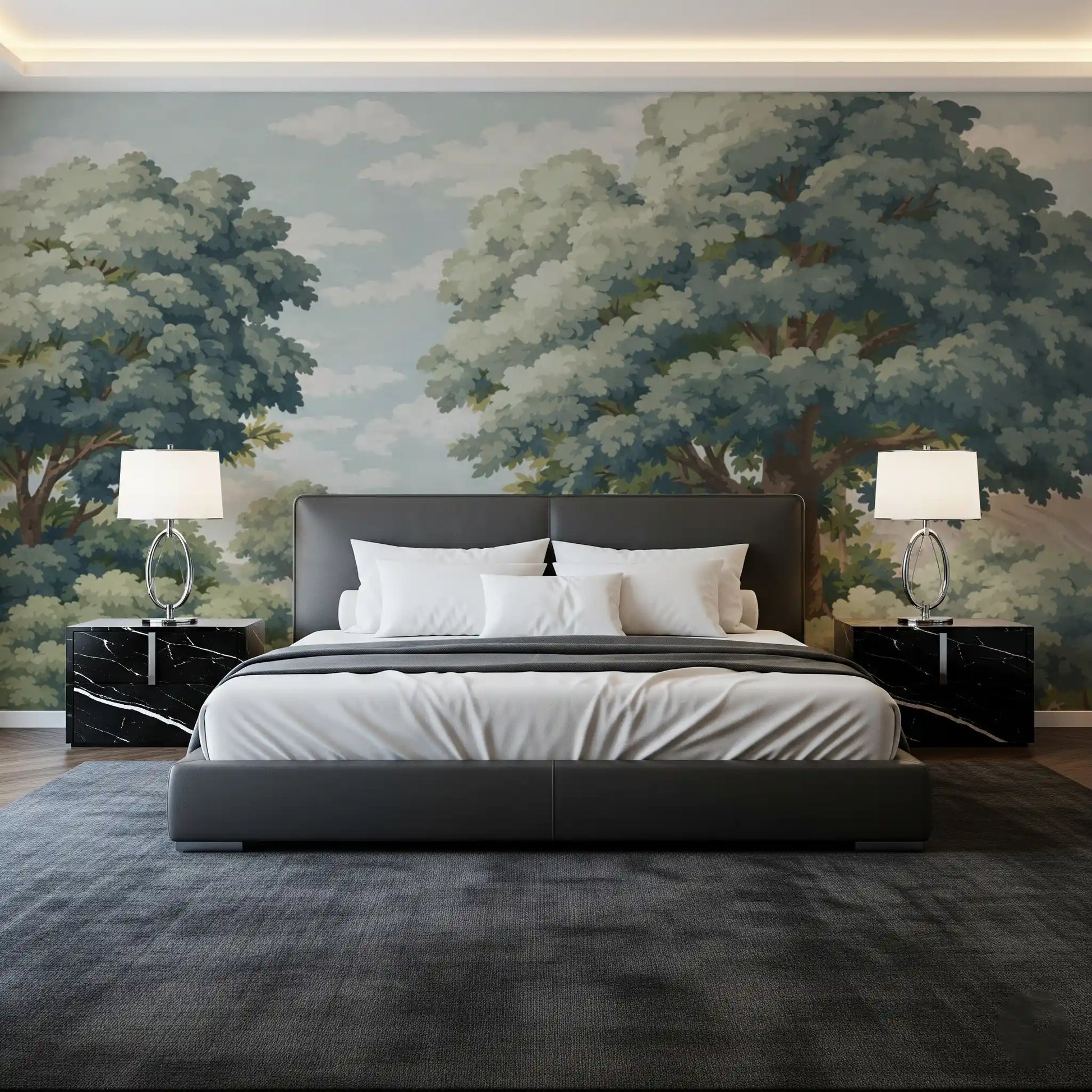 Bedroom with Verdant Horizon Lake Wall Mural and leafy landscape view
