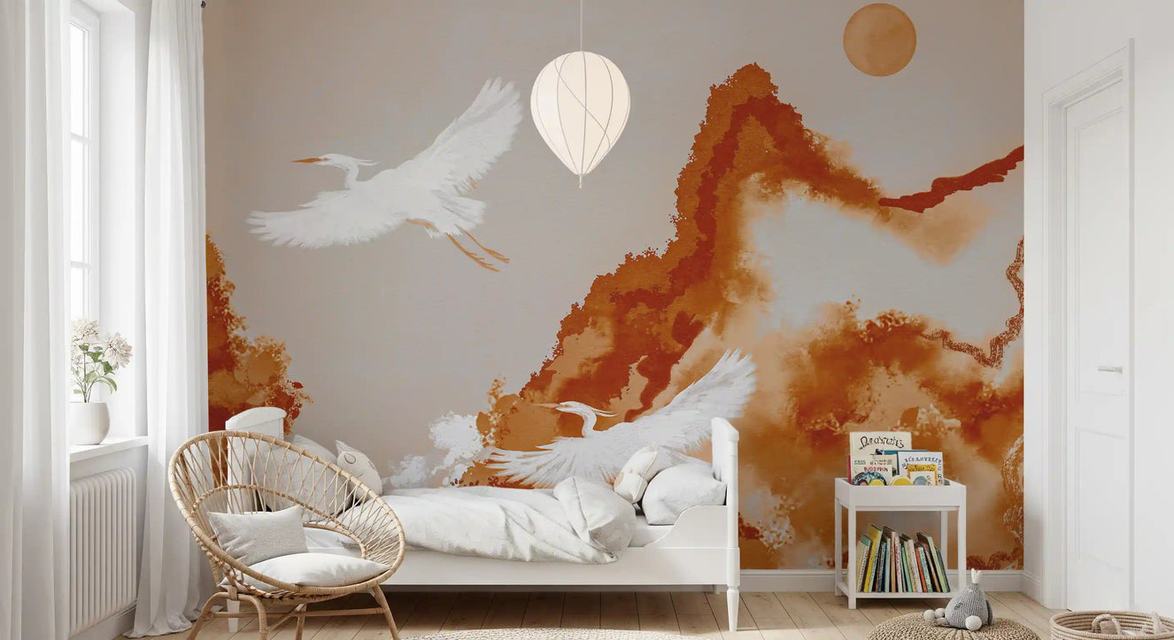 Ochre Horizon Cranes Flying Joseon Era Inspired Watercolor Landscape Wall Mural