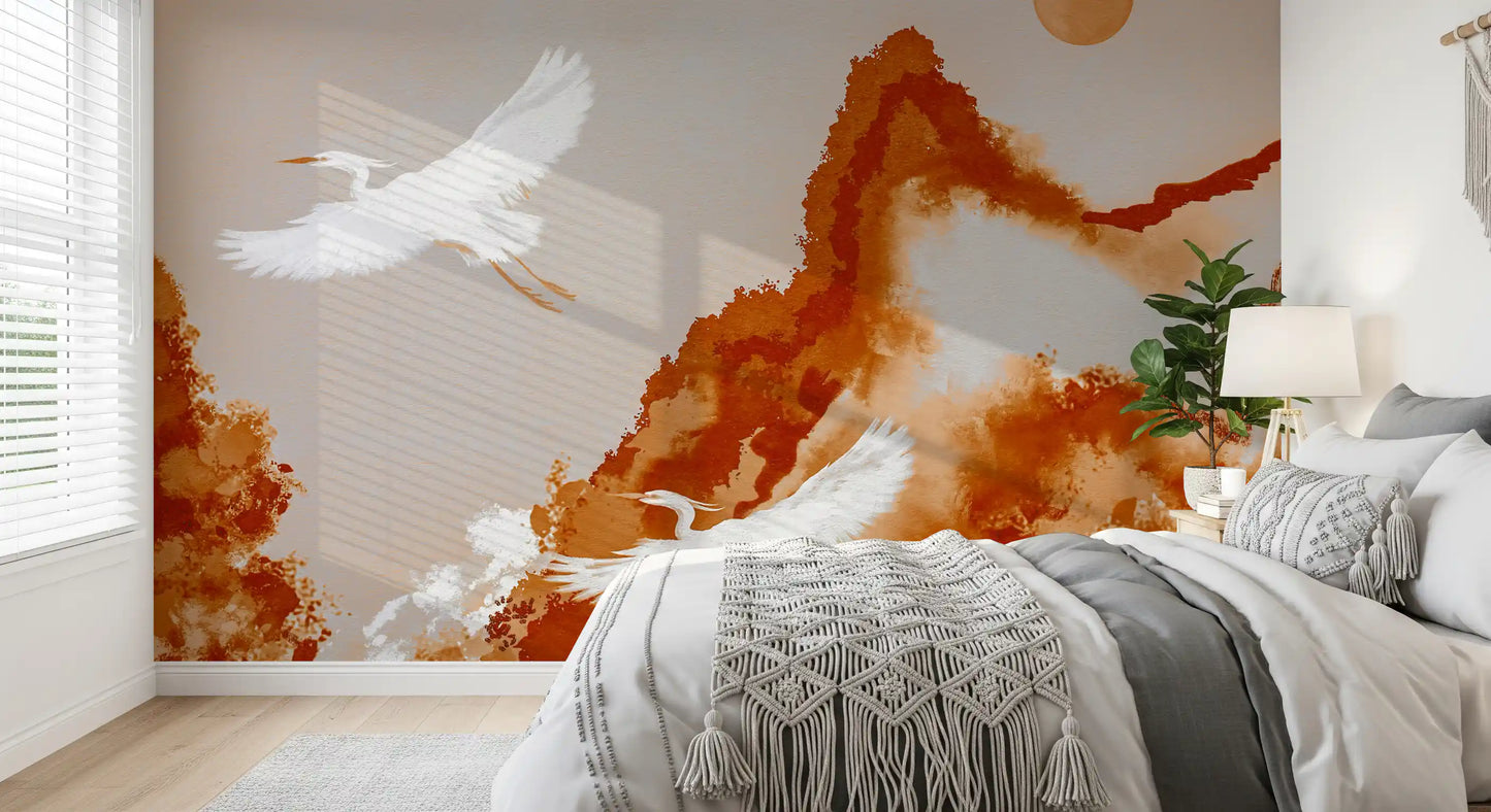 Ochre Horizon Cranes wall mural with white birds and airy watercolor texture