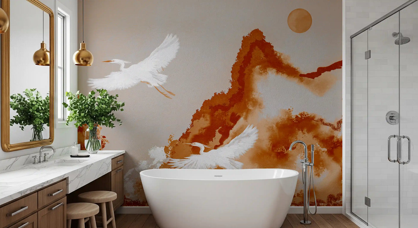 Bathroom wall mural with watercolor landscape cranes and a warm sun disc