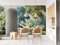 River landscape mural showing layered hills, tree canopies, and soft sky