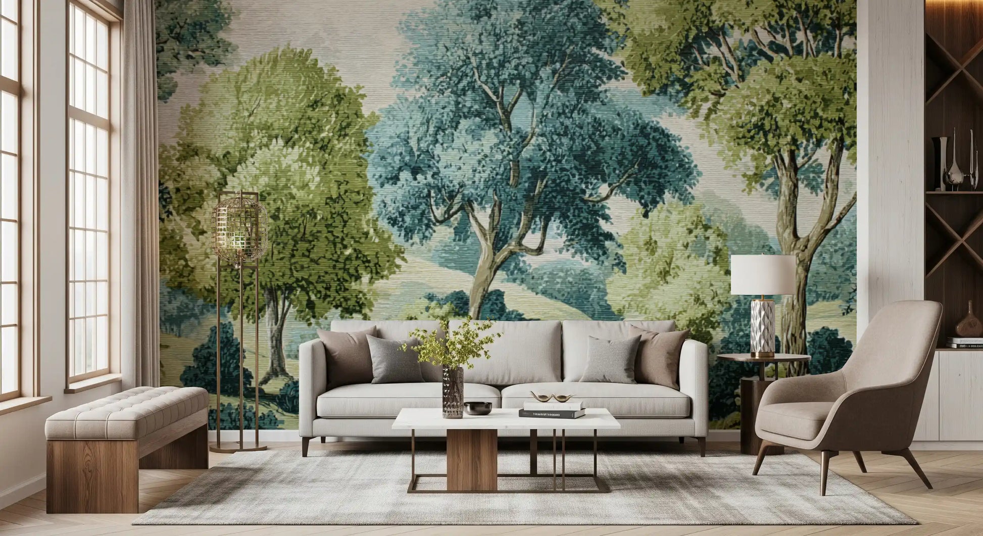 Tranquil Woodland River Vista Wall Mural with tall trees and winding water