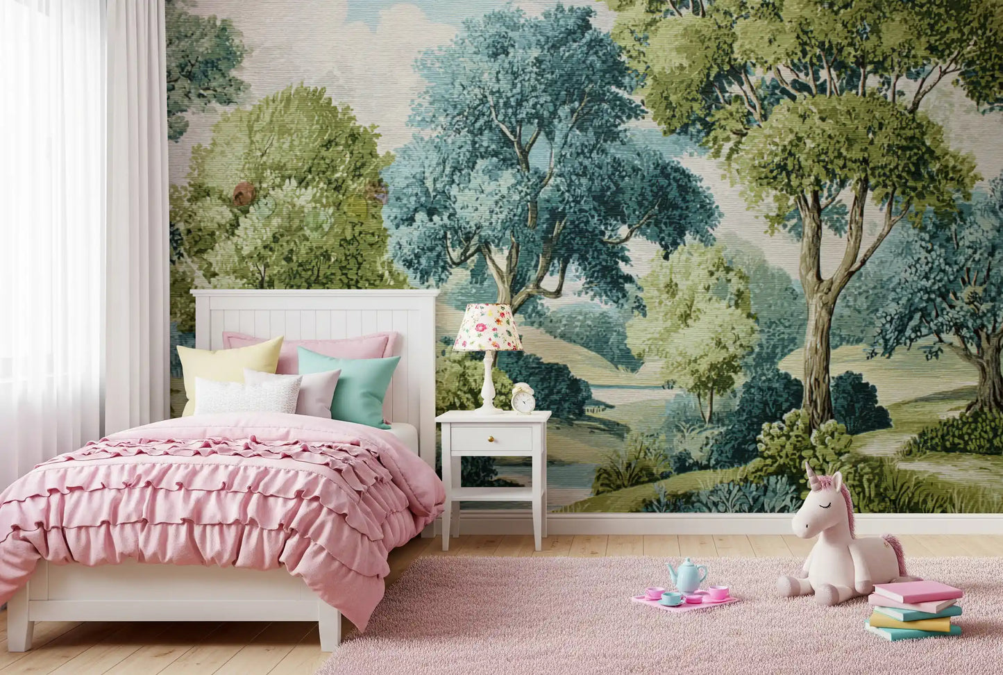 Nature wall mural with leafy trees, soft hills, and calm river movement