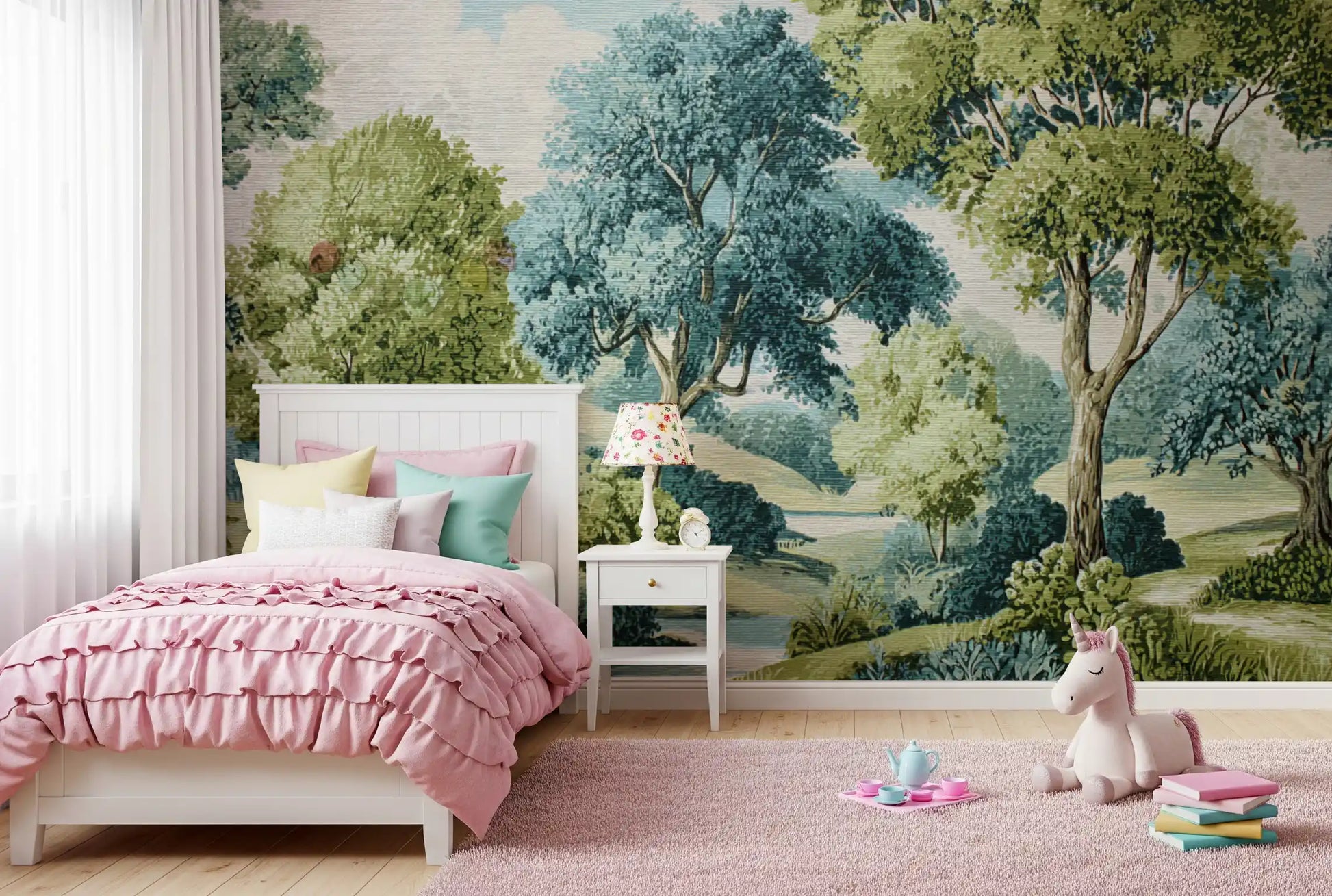 Nature wall mural with leafy trees, soft hills, and calm river movement