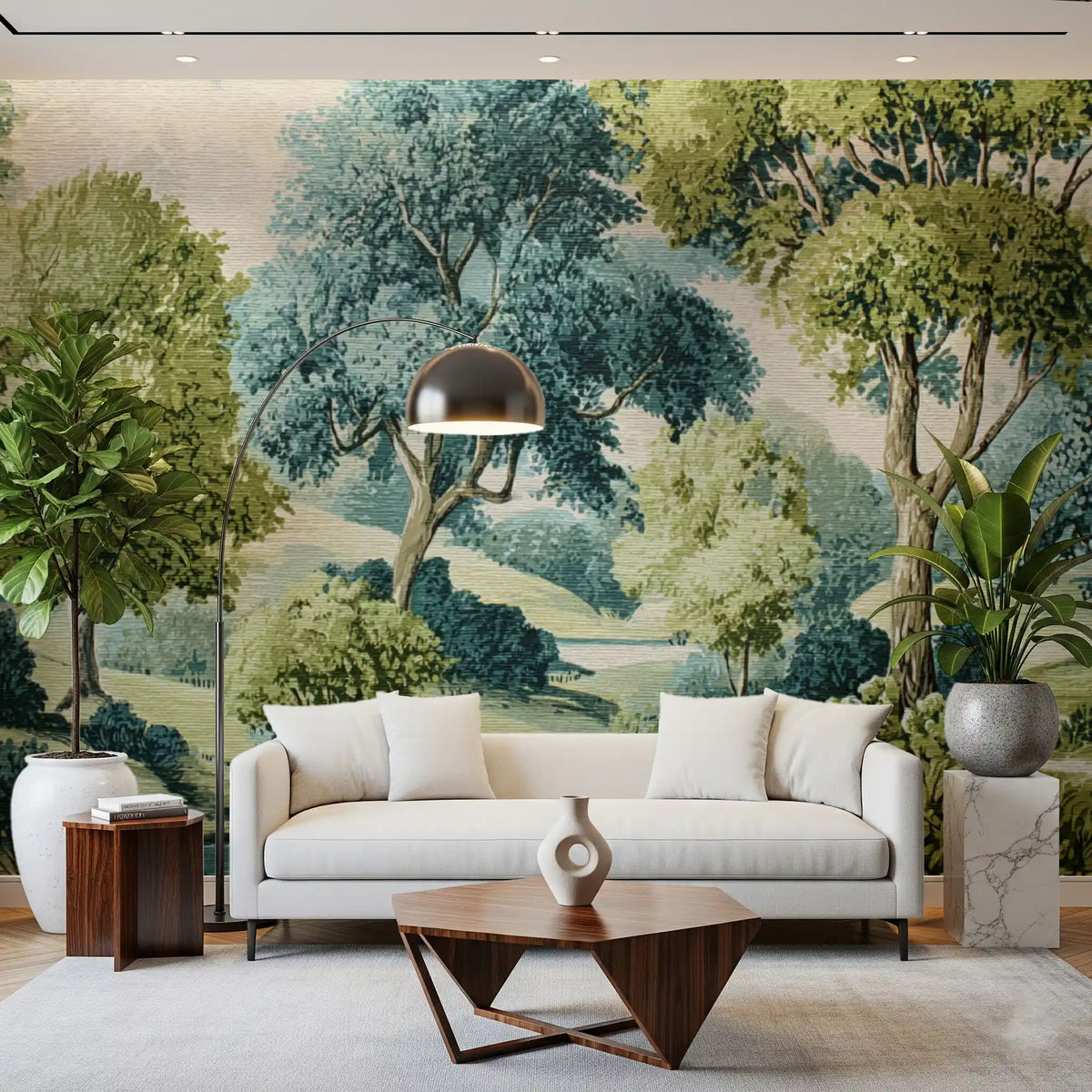 Living room wall mural with Tranquil Woodland River Vista and leafy trees