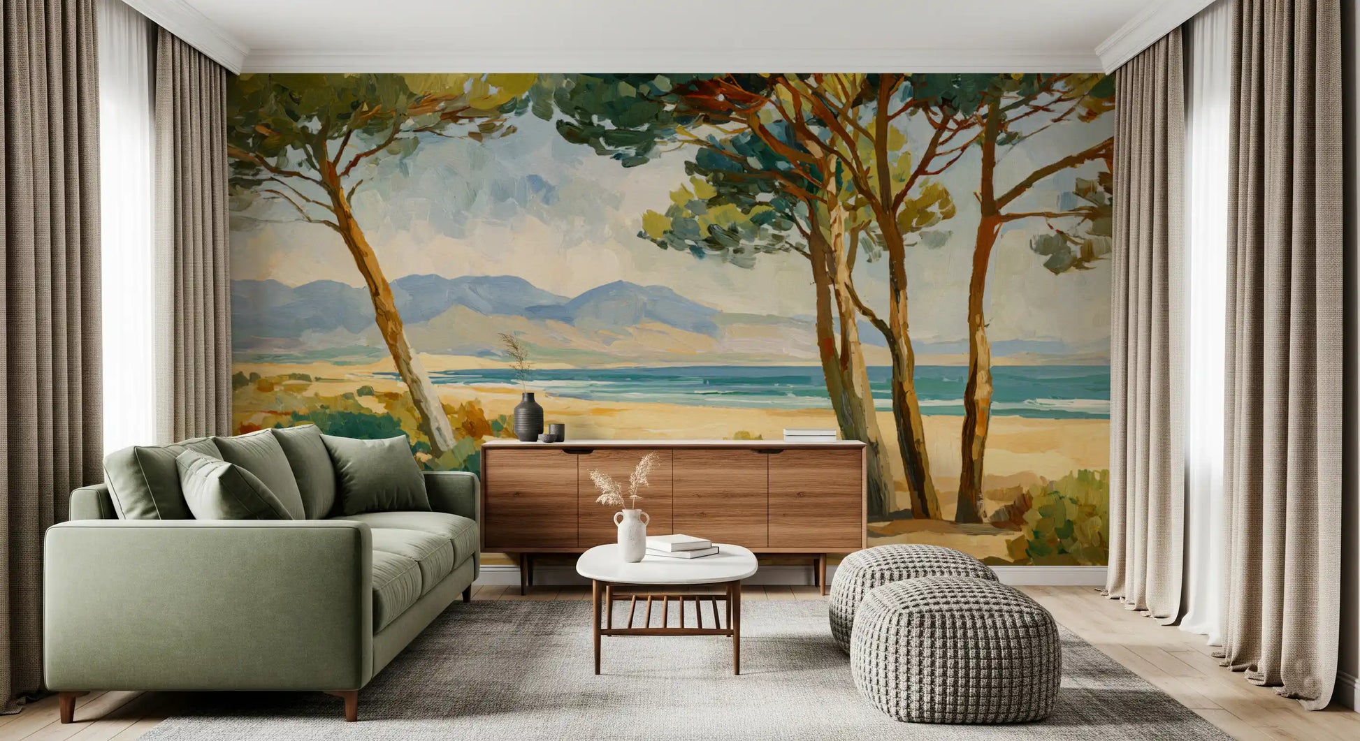 Living room with Coastal Pine Serenity Wall Mural and warm shoreline art