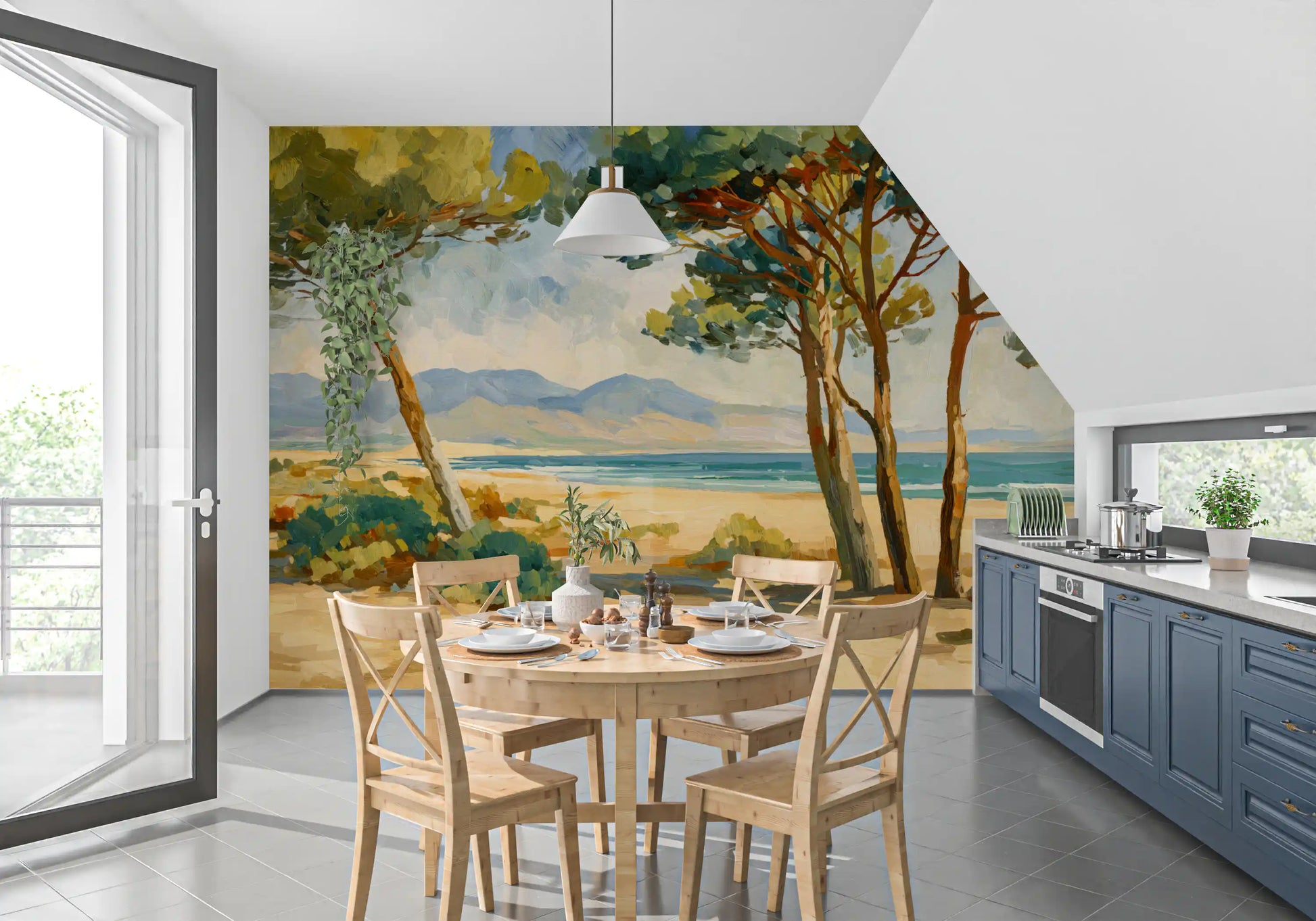 Kitchen wall showing coastal pine mural with sea, sand, and mountain view