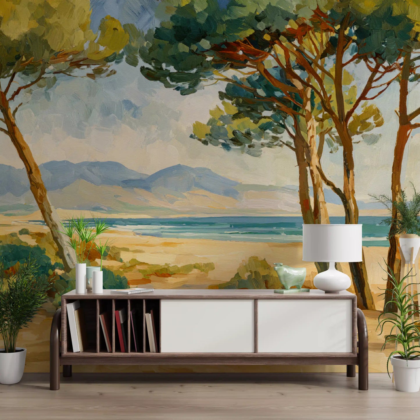 Hallway featuring pine coast wall mural with trees and blue ocean detail