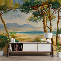 Hallway featuring pine coast wall mural with trees and blue ocean detail