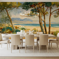 Beach wall mural showing sandy shore, pine trees, and soft blue water