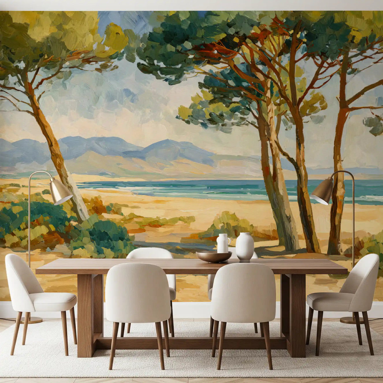 Dining room wall mural with Coastal Pine Serenity and sunny beach scenery
