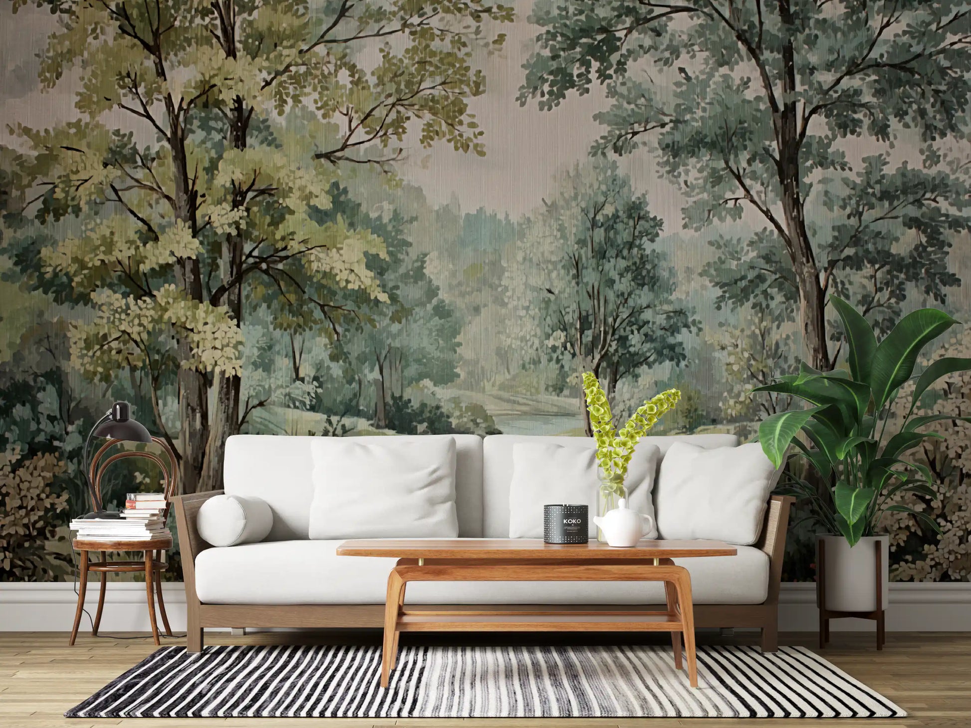 Living room wall mural with Woodland River Retreat and shaded tree scenery
