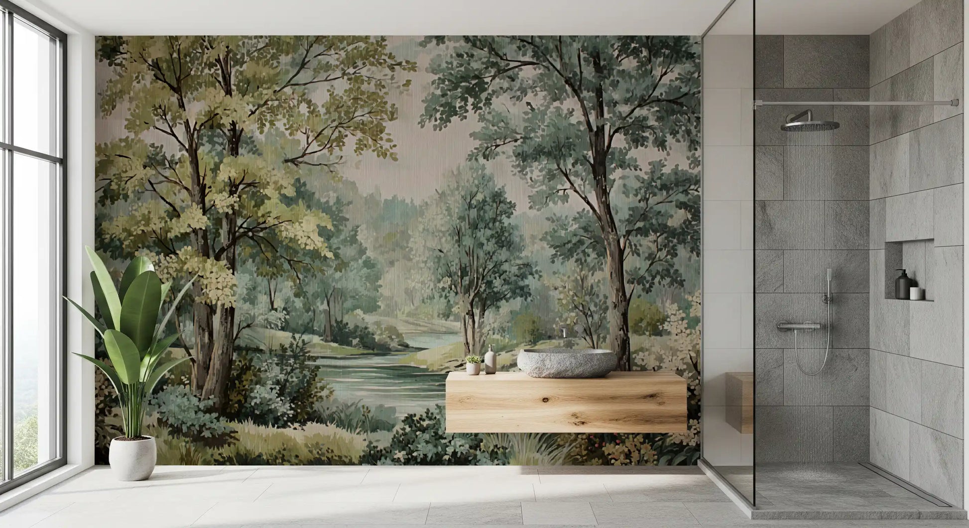 Bathroom with Woodland River Retreat Wall Mural and vintage outdoor depth