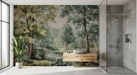 Bathroom with Woodland River Retreat Wall Mural and vintage outdoor depth
