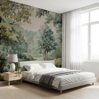 Wooded retreat mural with soft foliage, tree trunks, and quiet river movement