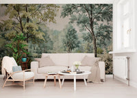Classic river mural showing leafy branches, calm water, and pale sky detail