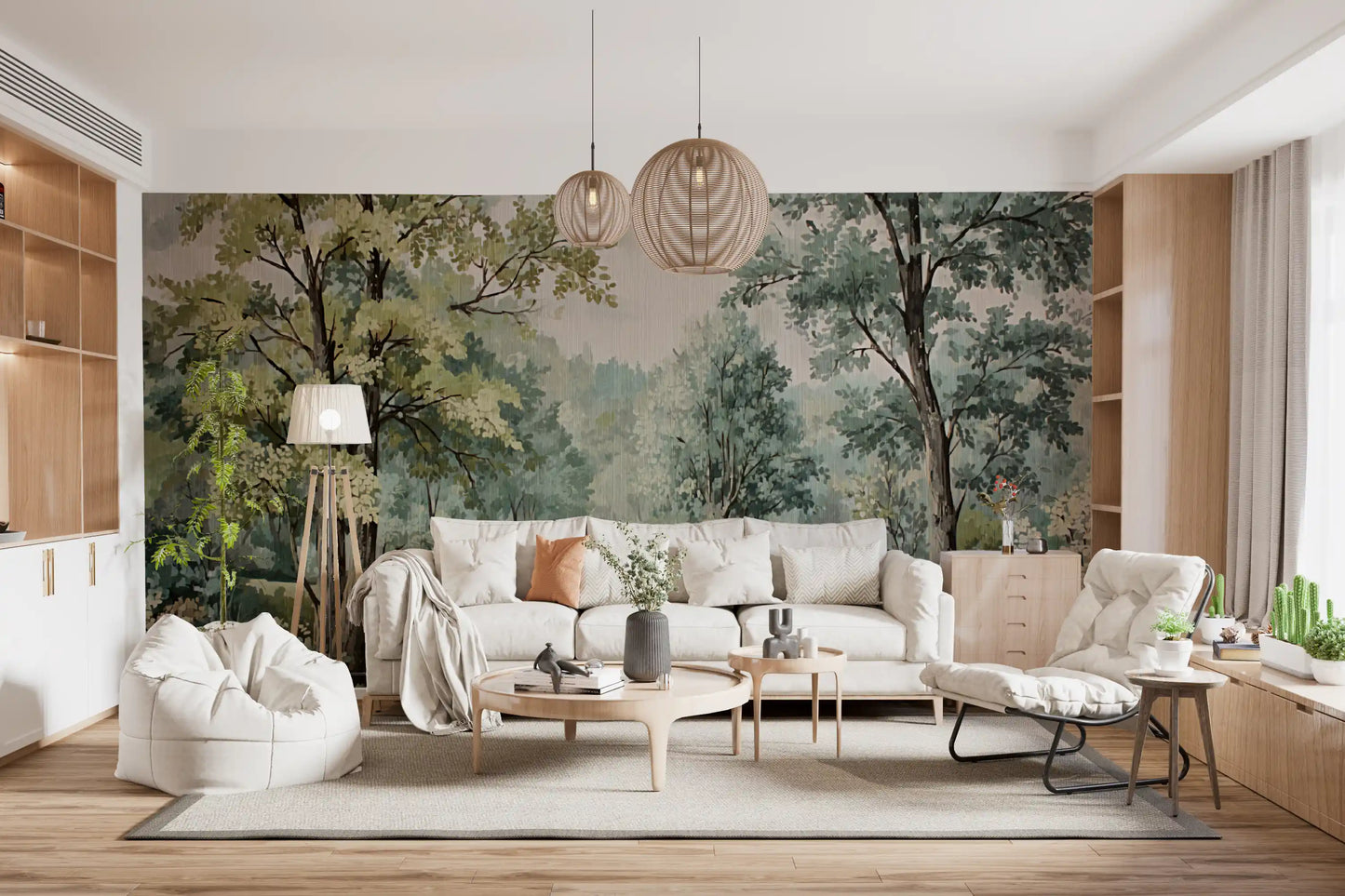 Living room using woodland scenery mural with layered shrubs and river bends