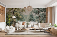 Living room using woodland scenery mural with layered shrubs and river bends