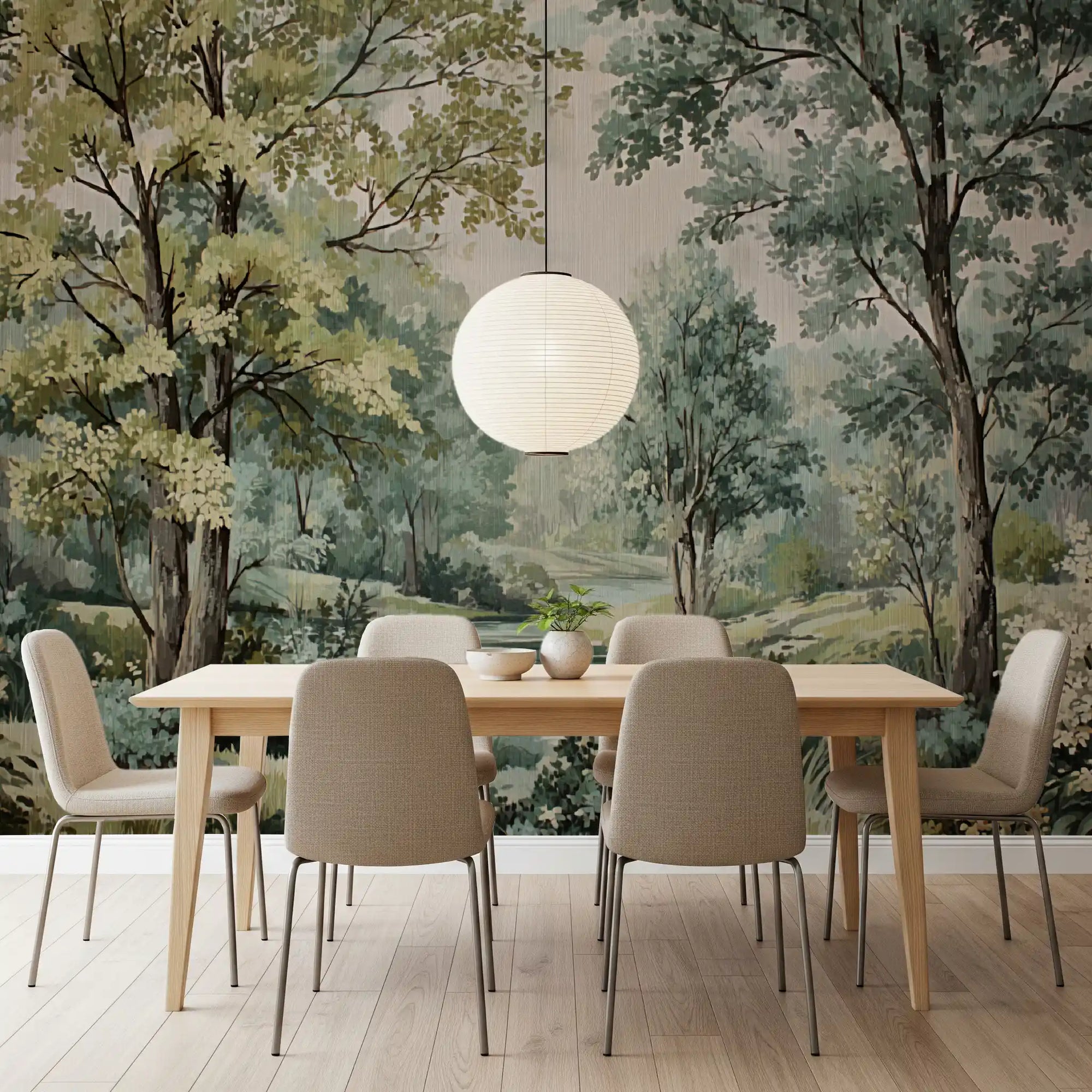 Dining room wall showing woodland river mural with soft green foliage